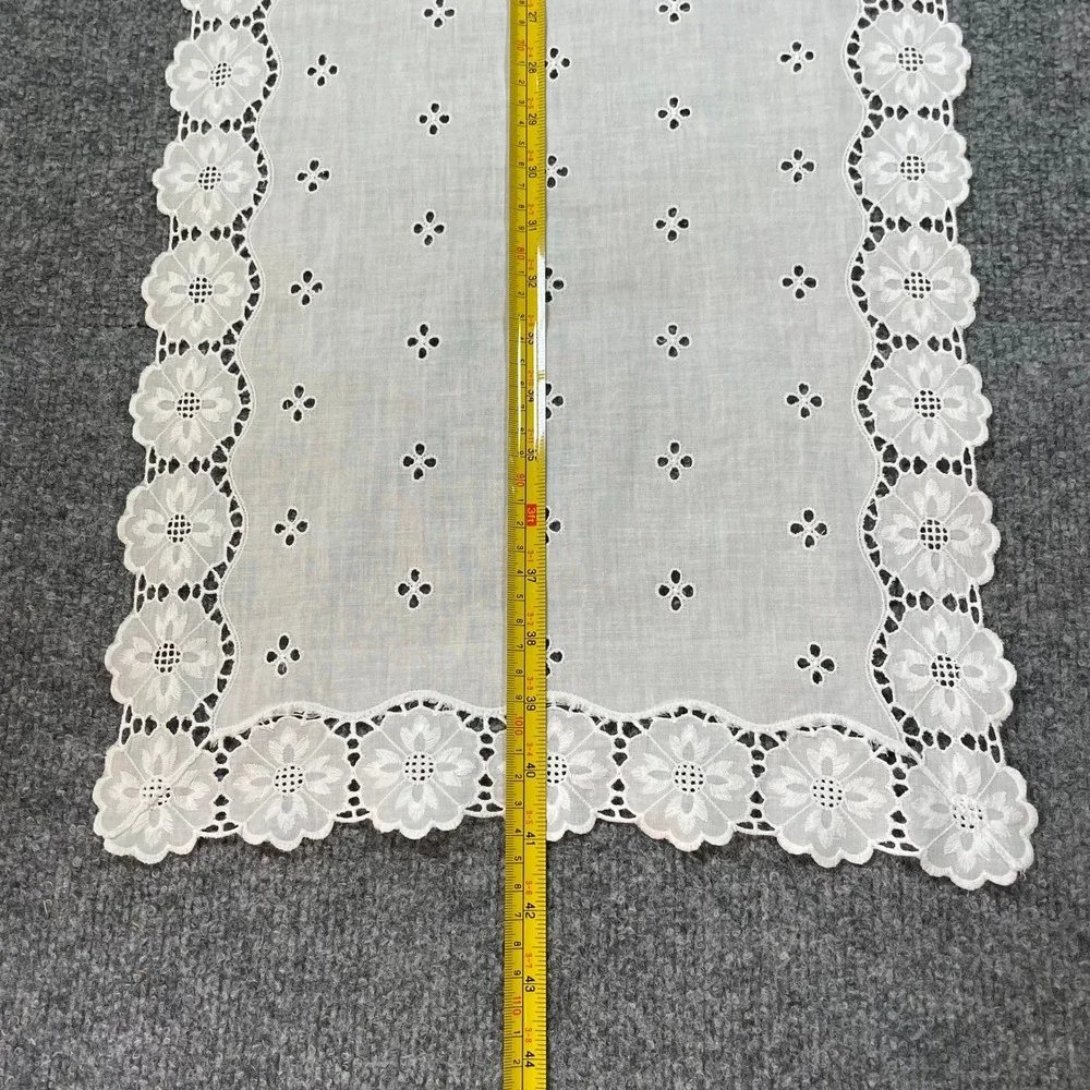 Antique Table Runner 41x13.5 White Floral Eyelet Scalloped Lace Vintage Doilies